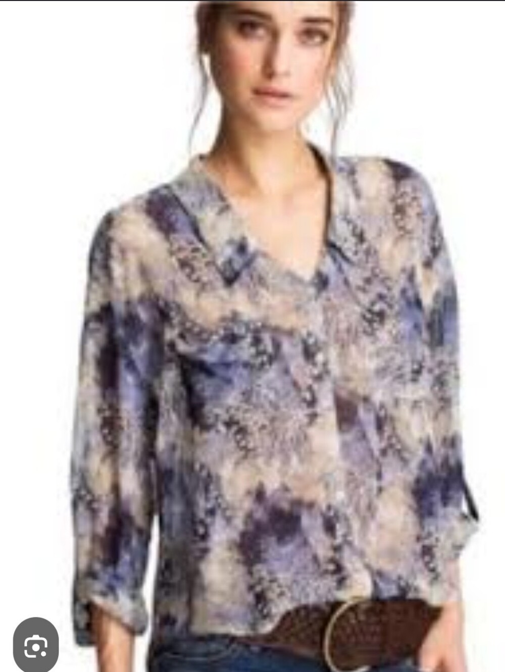 Free People "Easy Rider" Sheer Printed Button-Down Blouse